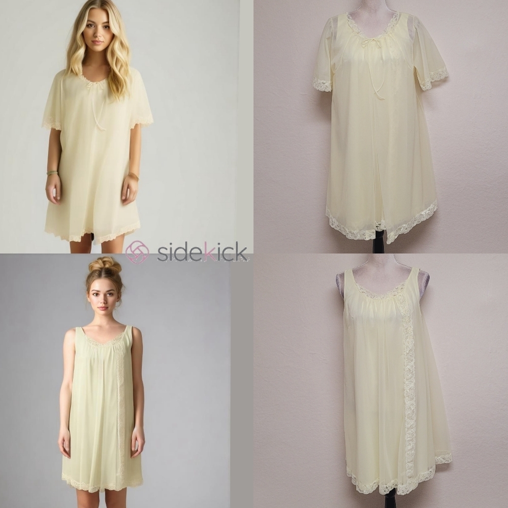 50s Vintage Shadowline Light Yellow Chiffon Lace Mini Robe Gown Peignoir Set